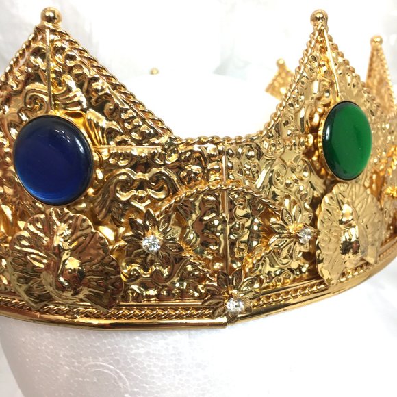 King Queen Gold Crown Rhinestones Faux Jewels on Gold Metal Band NWOT